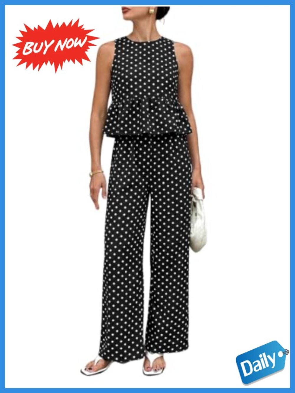 Women's 2 Piece Polka Dot Peplum Top & Pants Set Sleeveless Dressy Outfit
